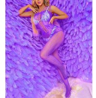 Violet Lace Mesh Bodystocking – Purple Fishnet Catsuit with Lace Details & Open Crotch, One Size XS–L