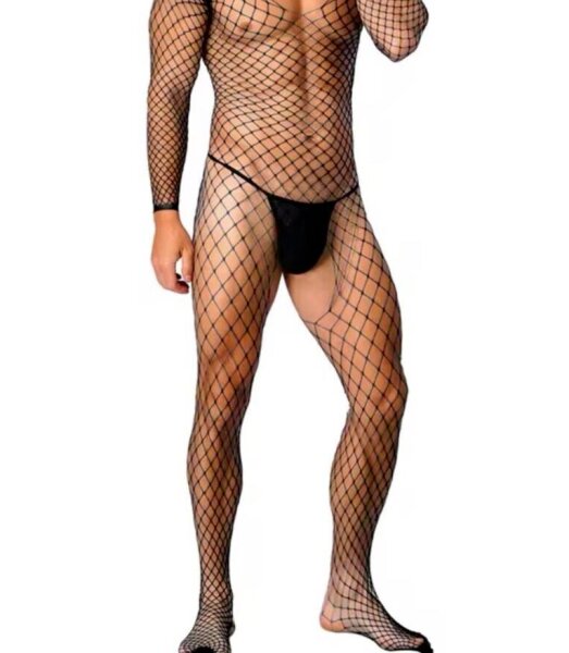 Onyx Diamond Net Men’s Bodystocking – Diamond fishnet, 3/4 sleeves & open crotch, one size XS–M
