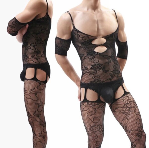 Onyx Lace Harness Mens Bodystocking – Schwarzer Herren-Catsuit aus Spitze mit Cut-Outs & Ouvert, XS–L