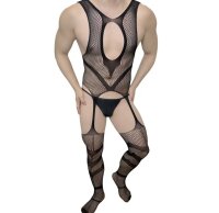 Onyx Keyhole Garter Mens Bodystocking – Netz-Catsuit mit Keyhole-Ausschnitt, Straps-Optik & Ouvert, XS–L