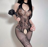 Noir Rose Halter Bodystocking – Schwarzer Spitzen Netz Catsuit mit Rosenmuster, seitlichen Lacing Cut Outs & ouvert Schritt, One Size XS–L