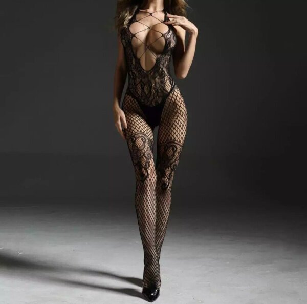 Nightfall Crisscross Halter Bodystocking – Deep black fishnet catsuit with lace up neckline, floral lace & open crotch, One Size up to 70 kg