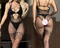 Nightfall Crisscross Halter Bodystocking – Deep black fishnet catsuit with lace up neckline, floral lace & open crotch, One Size up to 70 kg