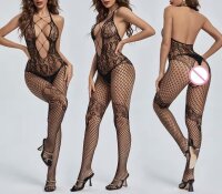 Nightfall Crisscross Halter Bodystocking – Deep black fishnet catsuit with lace up neckline, floral lace & open crotch, One Size up to 70 kg