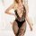 Nightfall Crisscross Halter Bodystocking – Deep black fishnet catsuit with lace up neckline, floral lace & open crotch, One Size up to 70 kg
